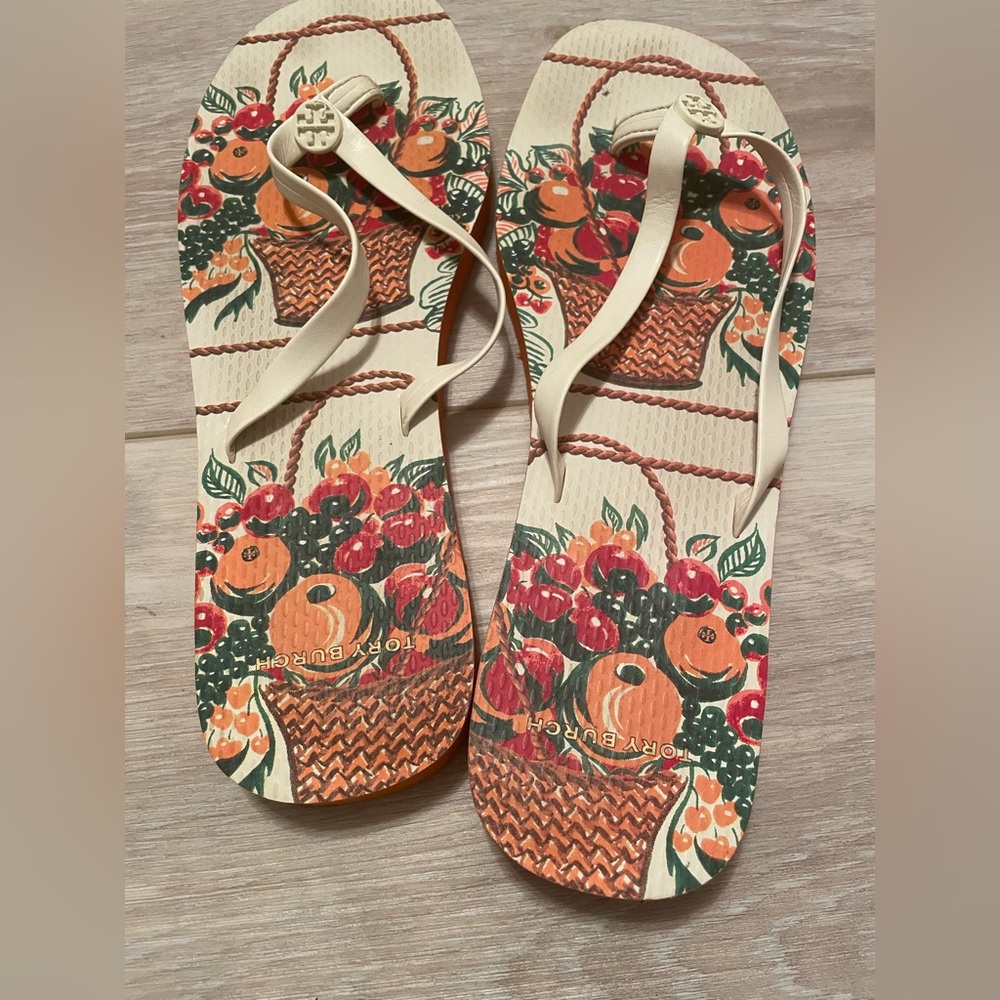 Tory Burch Cream and Orange Sandals with Harvest Design